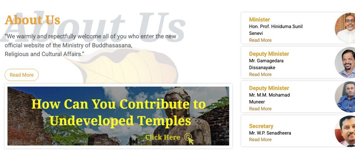 Ministry of Buddhasasana home page: an About Us block beside a column of portraits for the Minister, two Deputy Ministers and the Secretary.