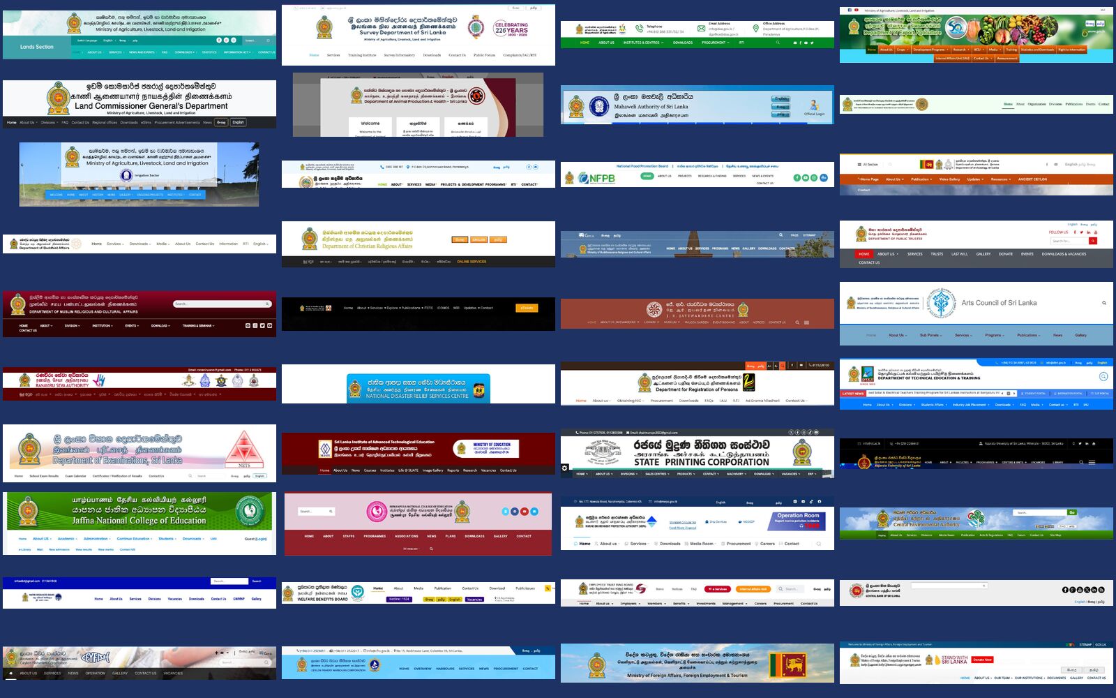 A wall of 40 Sri Lankan government website headers. Almost every one has a gold round emblem on the left and the institution's name stacked in Sinhala, Tamil and English.