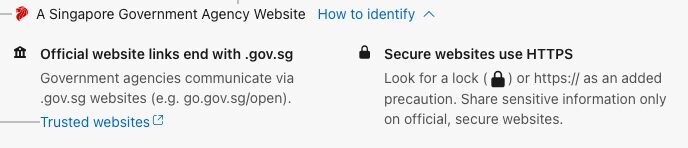 Singapore Government masthead, expanded: 'A Singapore Government Agency Website. How to identify', with notes that official sites end in .gov.sg and use HTTPS.