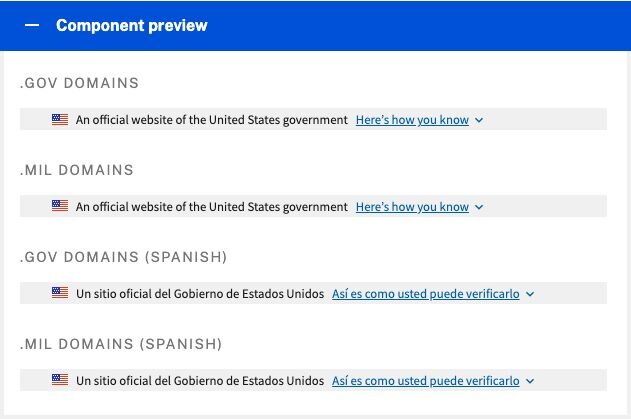 USWDS banner previews: 'An official website of the United States government. Here's how you know', in .gov, .mil and Spanish versions.