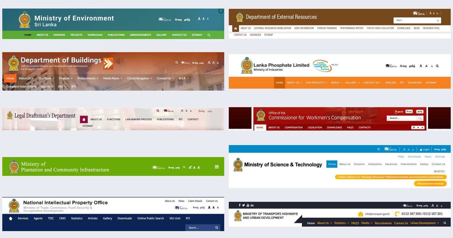 Ten headers from different institutions, all with the emblem on the left and the Gov.lk badge, සිංහල தமிழ் and A A A in the same spot on the right.