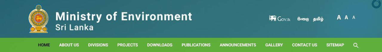 Ministry of Environment header: emblem on the left, name in white on a teal band, Gov.lk badge, language names and A A A buttons on the right.