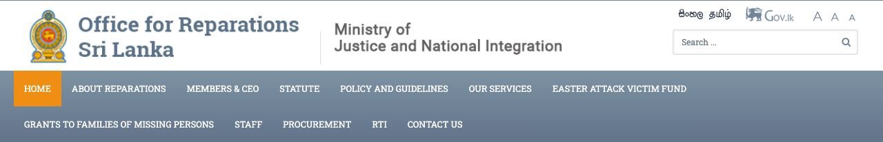 Office for Reparations header: emblem, 'Office for Reparations Sri Lanka', a divider and 'Ministry of Justice and National Integration'.
